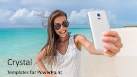  Presentation with tourism selfie - Cool new presentation theme with social tourism - cheerful young woman having fun backdrop and a mint green colored foreground