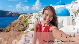  Presentation with rv travel - Cool new PPT theme with social tourism - europe travel selfie asian woman backdrop and a coral colored foreground