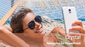  Presentation with sun tanning - Audience pleasing PPT layouts consisting of social tourism - vacation woman using smart phone backdrop and a coral colored foreground