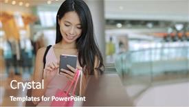  Presentation with mobile use - PPT theme consisting of social tourism - woman use of mobile phone background and a coral colored foreground