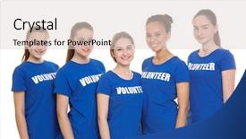  Presentation with social welfare - Presentation theme having social welfare organization - group of young volunteers background and a lemonade colored foreground