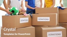  Presentation with organization - Cool new PPT layouts with social welfare organization - young volunteers with boxes backdrop and a coral colored foreground