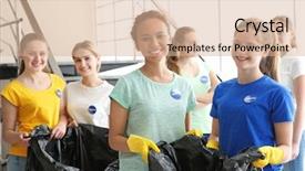  Presentation with garbage - Cool new PPT theme with social welfare organization - young volunteers with garbage bags backdrop and a lemonade colored foreground