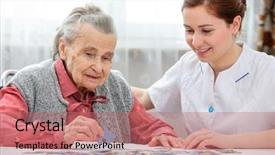  Presentation with social worker - Beautiful presentation design featuring social worker - nurse helps the senior woman backdrop and a coral colored foreground