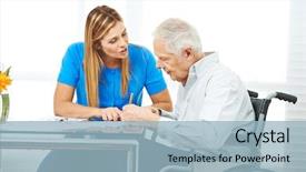  Presentation with senior worker - Beautiful slide deck featuring social worker - woman giving consultation to senior backdrop and a light blue colored foreground