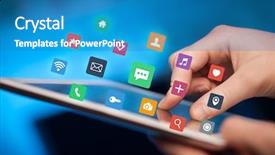  Presentation with colorful hands - Beautiful PPT layouts featuring socialmedia - female hands touching tablet backdrop and a teal colored foreground