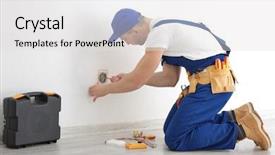  Presentation with electrician - Theme featuring electrician repairing socket indoors background and a light gray colored foreground