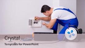  Presentation with electrical kilowatt hour electric meter - PPT theme with socket - man doing electrical repairs background and a  colored foreground