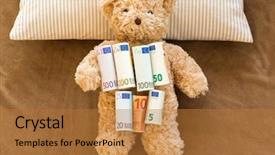  Presentation with brown bear - Amazing PPT theme having soct saving - rolled of euro banknote money backdrop and a gold colored foreground