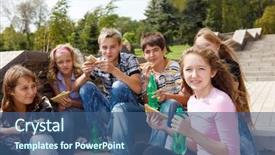  Presentation with fast food - Cool new PPT layouts with soda bottles - group of teenage friends having backdrop and a ocean colored foreground