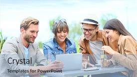  Presentation with tablets wood table tablet white - Presentation having soda shop - group of friends using tablet background and a light blue colored foreground