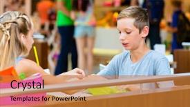  Presentation with cafe - Theme with soda shop - happy children eating in cafe background and a gold colored foreground