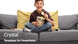  Presentation with potato - Presentation design consisting of sofa and eating potato chips background and a dark gray colored foreground