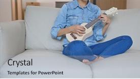  Presentation with ukulele - Presentation design having sofa and play with ukulele background and a light blue colored foreground