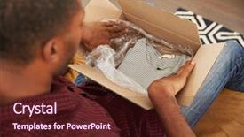  Presentation with 3d man sitting question mark - Slide deck having sofa at home opening online background and a wine colored foreground