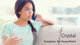  Presentation with living room - PPT theme having sofa making a phone call background and a light gray colored foreground