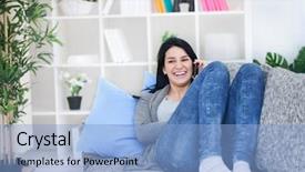  Presentation with black women beautiful woman - Slide set featuring sofa making a phone call background and a light blue colored foreground