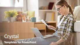  Presentation with glasses - Presentation consisting of live data - serious pensive young woman background and a coral colored foreground