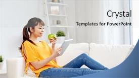  Presentation with young healthy people - PPT theme featuring sofa with tablet pc computer background and a light gray colored foreground