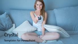  Presentation with man watching woman preparing vegetables - Slide deck consisting of sofa with the remote control background and a light blue colored foreground