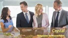  Presentation with lunch - Beautiful PPT theme featuring sofisticated food - business colleagues interacting while serving backdrop and a  colored foreground