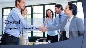  Presentation with shaking hands - Colorful PPT theme enhanced with sofisticated food - business colleagues shaking hands backdrop and a light blue colored foreground