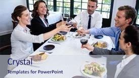  Presentation with restaurant toasting - Amazing PPT theme having sofisticated food - group of businesspeople toasting wine backdrop and a sky blue colored foreground