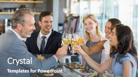  Presentation with restaurant toasting - Cool new presentation with sofisticated food - happy business colleagues toasting beer backdrop and a ocean colored foreground