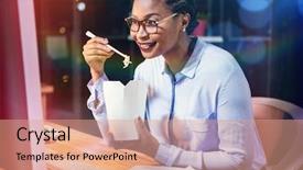  Presentation with noodles manufacturing - Presentation theme with sofisticated food - happy businesswoman eating noodles background and a coral colored foreground