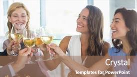  Presentation with restaurant toasting - Presentation theme having sofisticated food - happy female colleagues toasting beer background and a  colored foreground