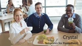  Presentation with five business people standing together and smiling - Cool new presentation theme with sofisticated food - high angle portrait of smiling backdrop and a coral colored foreground