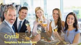  Presentation with restaurant toasting - Slide deck consisting of sofisticated food - portrait of happy business colleagues background and a coral colored foreground