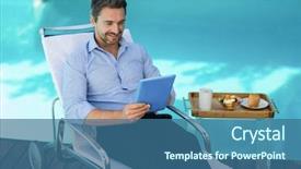  Presentation with using digital tablet - PPT theme having sofisticated food - smart man relaxing on sun background and a ocean colored foreground
