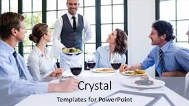  Presentation with business people moving gear - Amazing PPT layouts having sofisticated food - waiter serving salad backdrop and a light blue colored foreground