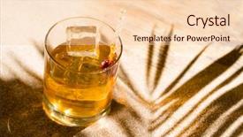  Presentation with liqueur - Presentation theme having sofisticated food - whisky liqueur glass with ice background and a lemonade colored foreground