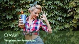  Presentation with soft drink - Slides with soft drink cans - smiling cute pinup girl showing background and a tawny brown colored foreground