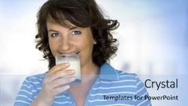  Presentation with milk bottle and milk glass - Presentation enhanced with soft drinks teeth - young woman with a glass background and a light blue colored foreground