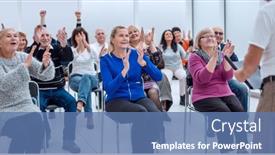  Presentation with old people - Presentation design featuring soft-focus-at-old-people background and a teal colored foreground