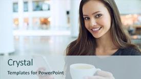  Presentation with coffee - Cool new presentation with soft focus young happy lady backdrop and a  colored foreground
