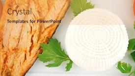  Presentation with feta cheese - PPT theme with soft goat feta salt cheese with grilled sea salmon tomatoes and green lettuce salad served on white china plate isolated on white background background and a yellow colored foreground