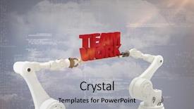  Presentation with team hands - Amazing slide deck having soft robot - mechanical hands holding red team backdrop and a  colored foreground