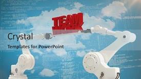  Presentation with team hands - Colorful slide set enhanced with soft robot - mechanical hands holding team work backdrop and a  colored foreground