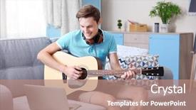  Presentation with guitar - Amazing PPT layouts having soft skills - young man playing guitar backdrop and a coral colored foreground