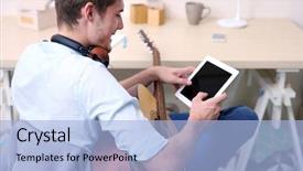  Presentation with man in suit guitar - Slide deck with soft skills - young man with guitar background and a  colored foreground