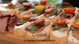  Presentation with sauce - Presentation consisting of soft starter - bruschettas with beefsteak and pesto background and a  colored foreground
