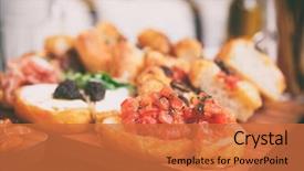  Presentation with appetizers - Slides with soft starter - italian appetizers on wooden plank background and a red colored foreground