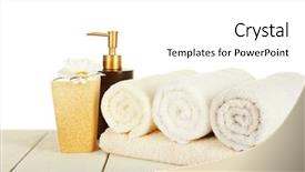  Presentation with soft white flower - Theme having soft towels with dispenser and flower isolated on white background and a white colored foreground