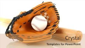  Presentation with mlb baseball in a glove - Amazing slide set having softball field - baseball glove bat and ball backdrop and a yellow colored foreground