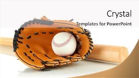  Presentation with mlb baseball in a glove - Beautiful PPT theme featuring softball field - baseball glove bat and ball backdrop and a white colored foreground