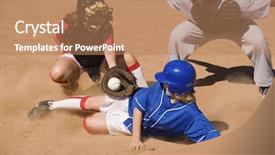 Presentation with softball - Beautiful slide deck featuring softball player sliding into home backdrop and a coral colored foreground